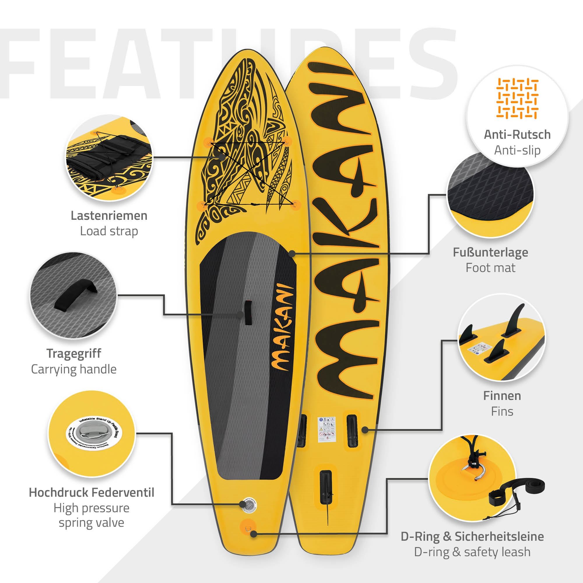 Gelbes Stand-Up-Paddleboard mit schwarzen Aufdrucken, Tragegriff, Finnen und Leine.