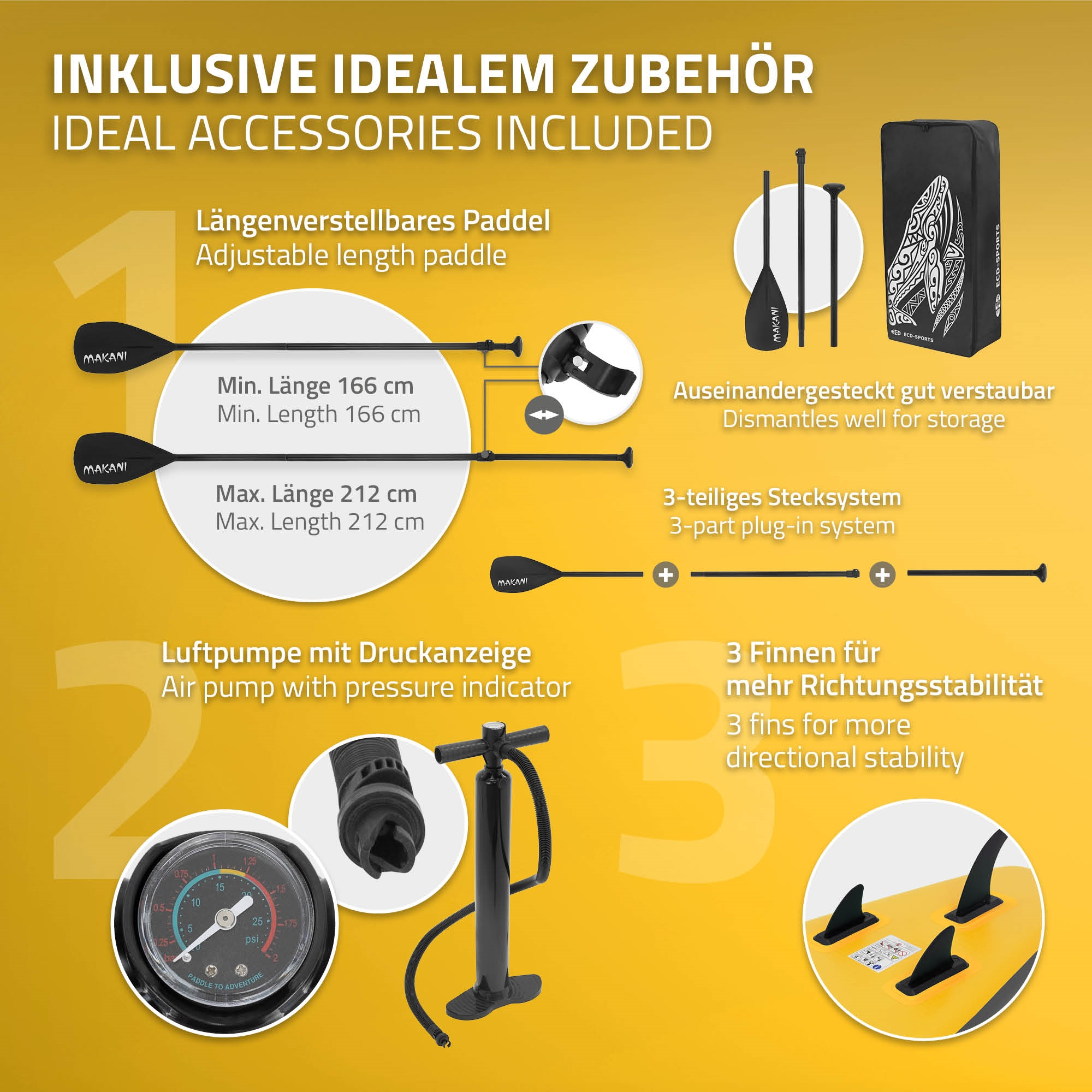 Zubehör für ein Paddleboard: verstellbares Paddel, Pumpe, Tasche, Finnen.