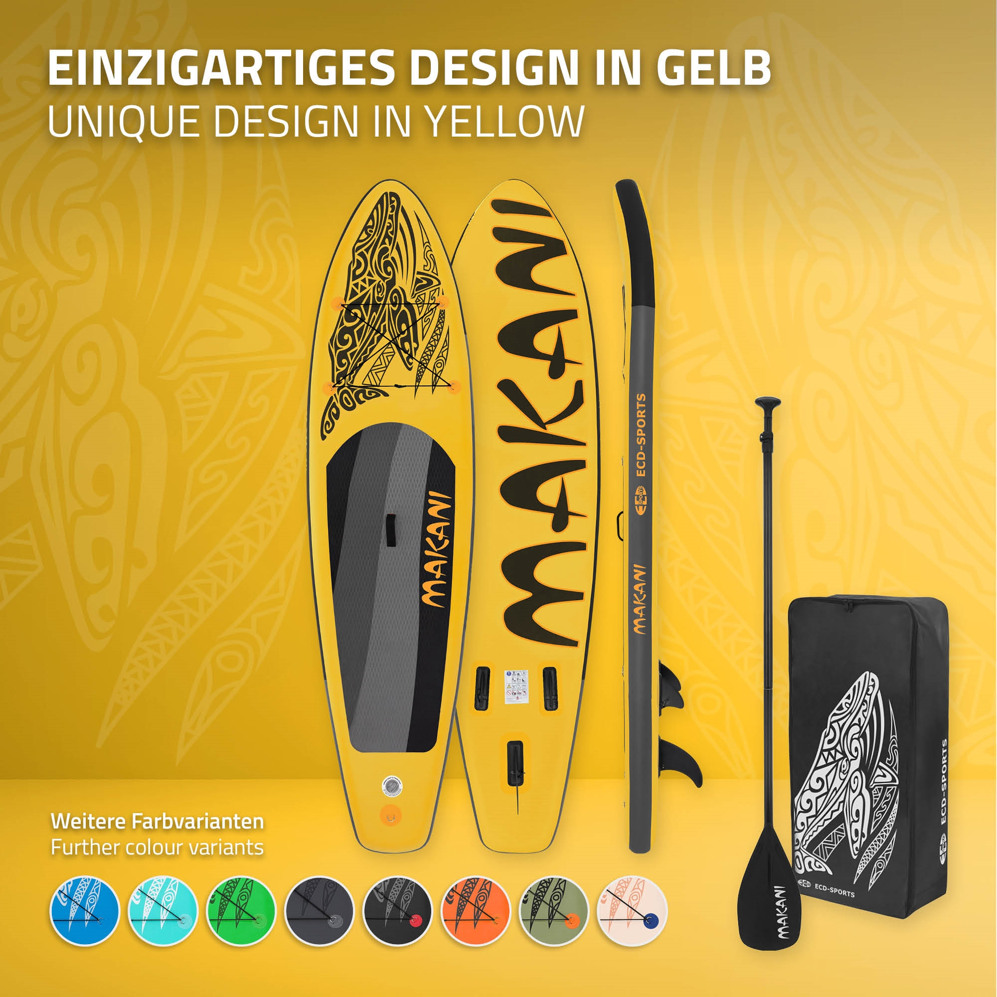 Zwei gelbe Stand-Up-Paddleboards, Paddel, Tasche und Farbvarianten.