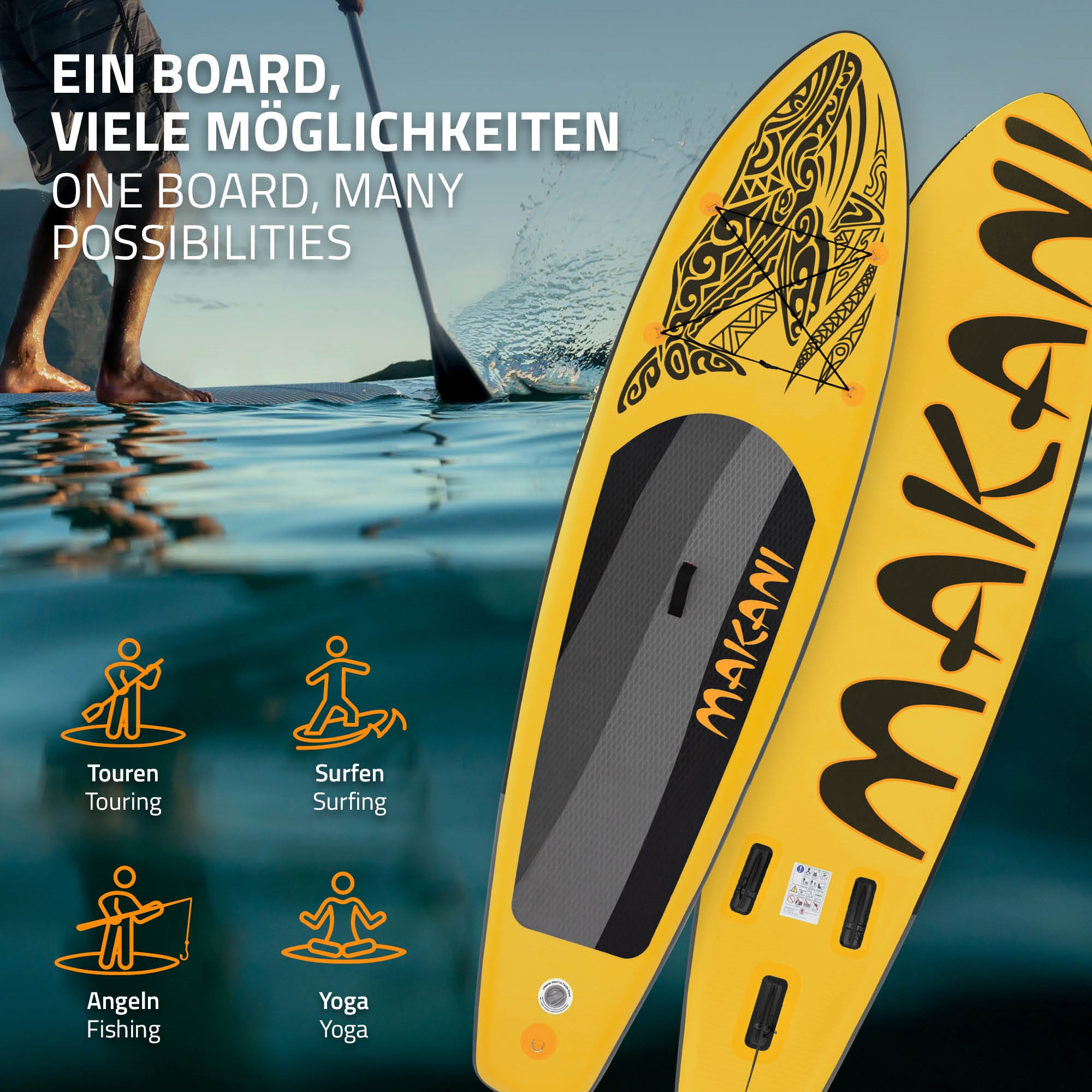 Gelbes SUP-Board mit schwarzem Muster, Person paddelt, Icons für Touren, Surfen, Angeln, Yoga.