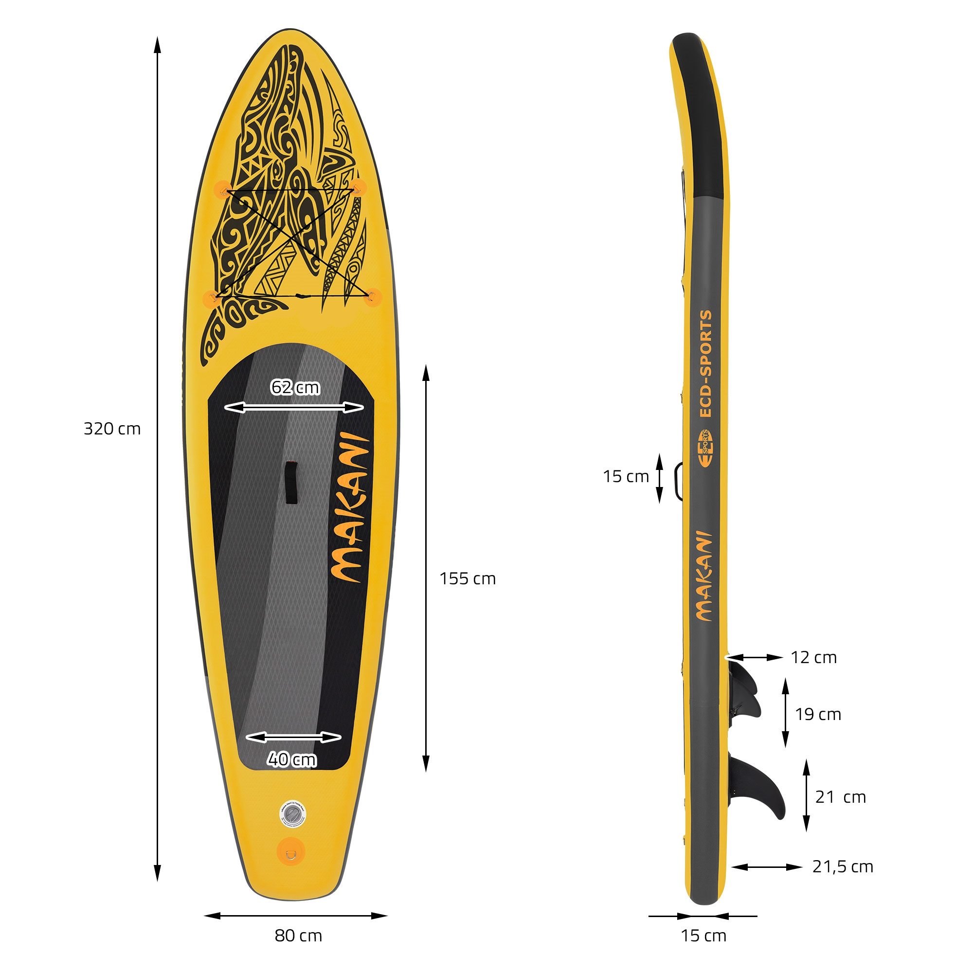 Gelbes aufblasbares Stand-Up-Paddleboard mit schwarzem Stammesdesign. Maße gezeigt.