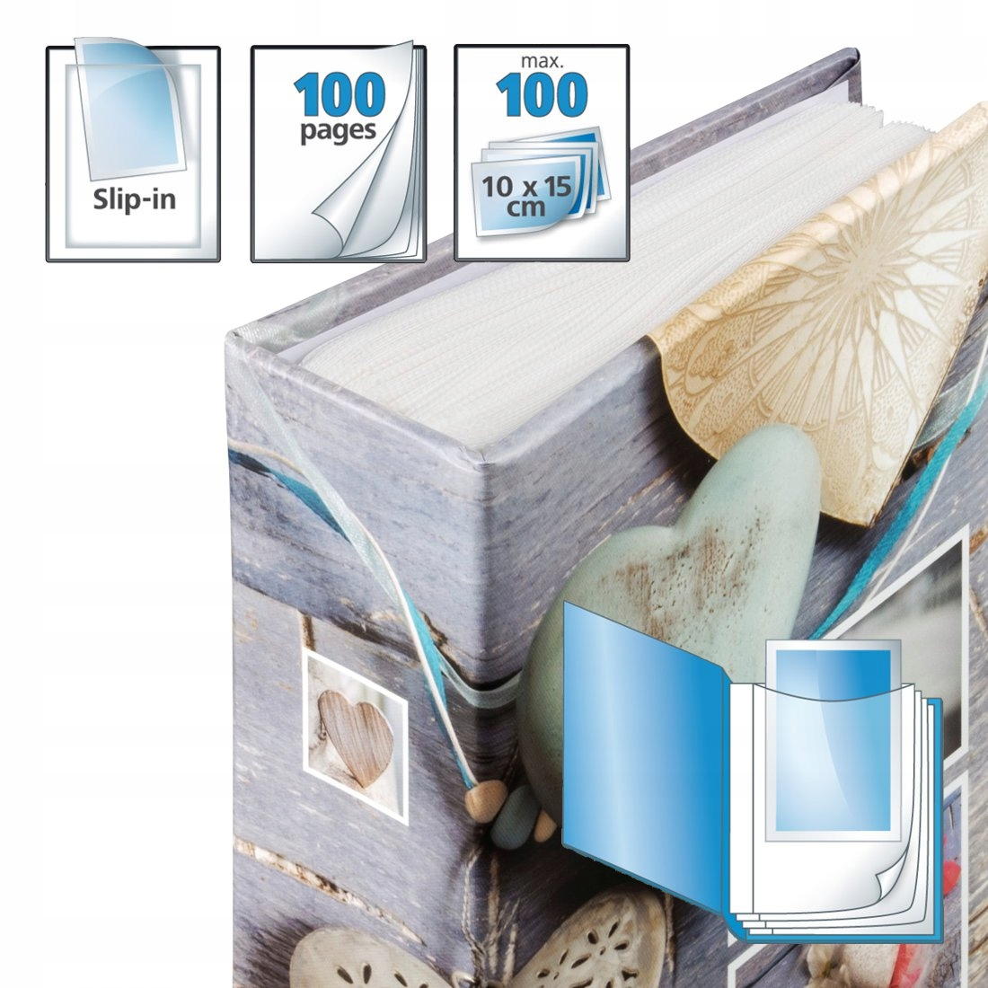 Album na zdjęcia z niebiesko-szarym wzorem drewna, sercami i wstążkami.