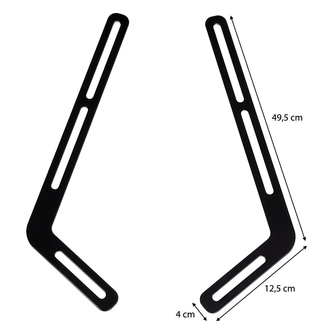 Dwa czarne wsporniki z otworami, wymiary 49,5 cm, 12,5 cm i 4 cm.