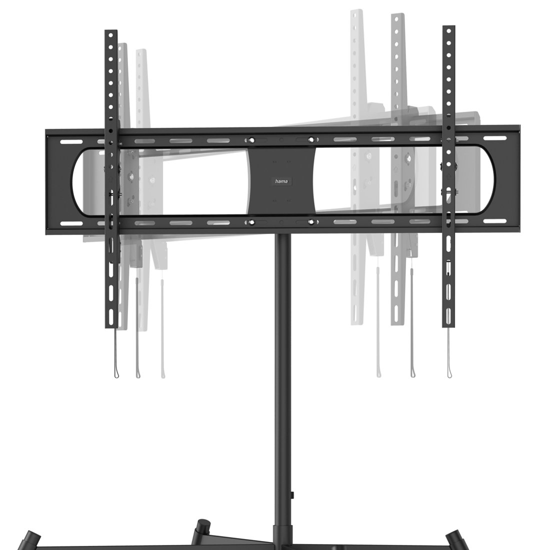 Czarny stojak pod telewizor z regulowanym uchwytem i szeroką podstawą.