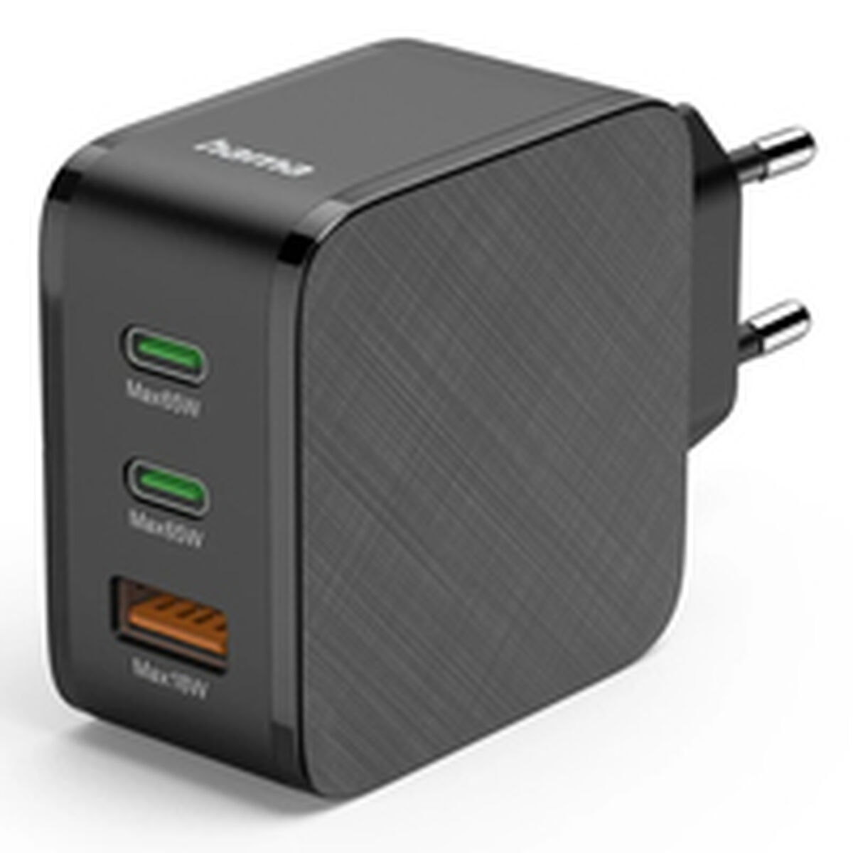 Czarna ładowarka Hama z 3 portami: 2x USB-C, 1x USB-A.