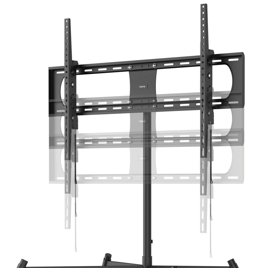 Czarny metalowy stojak pod TV z regulowanym uchwytem na białym tle.