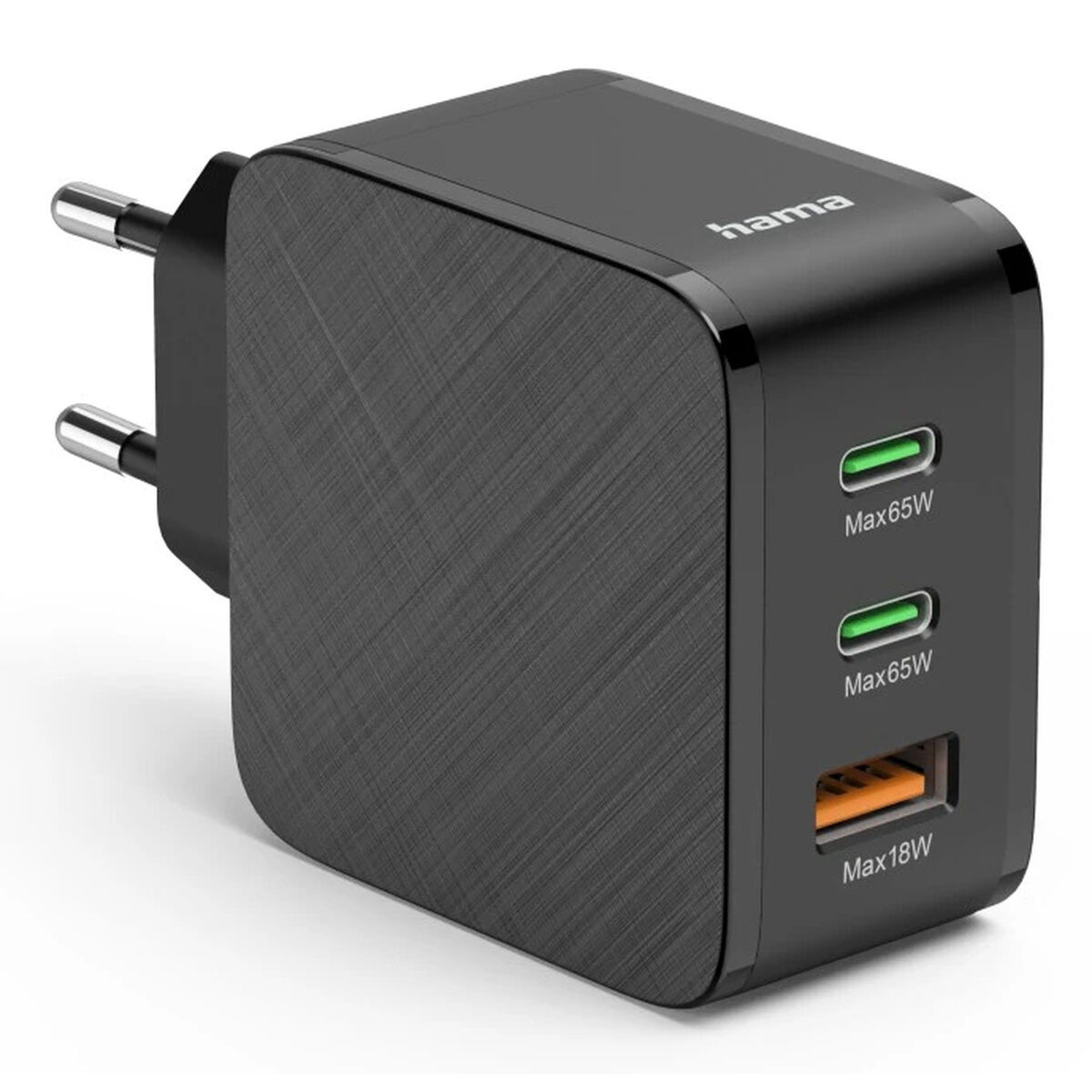 Czarna ładowarka Hama z dwoma portami USB-C (65W) i jednym USB-A (18W).