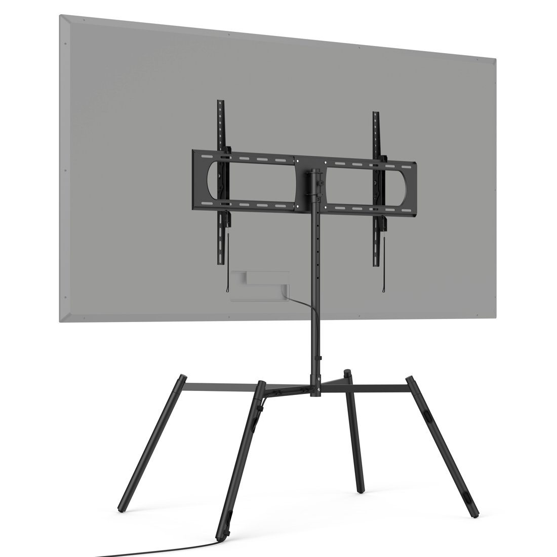 Telewizor płaskoekranowy na czarnym statywie z trzema nogami.