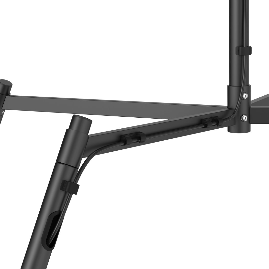 Czarna metalowa rama z opaskami kablowymi mocującymi przewody do słupa.