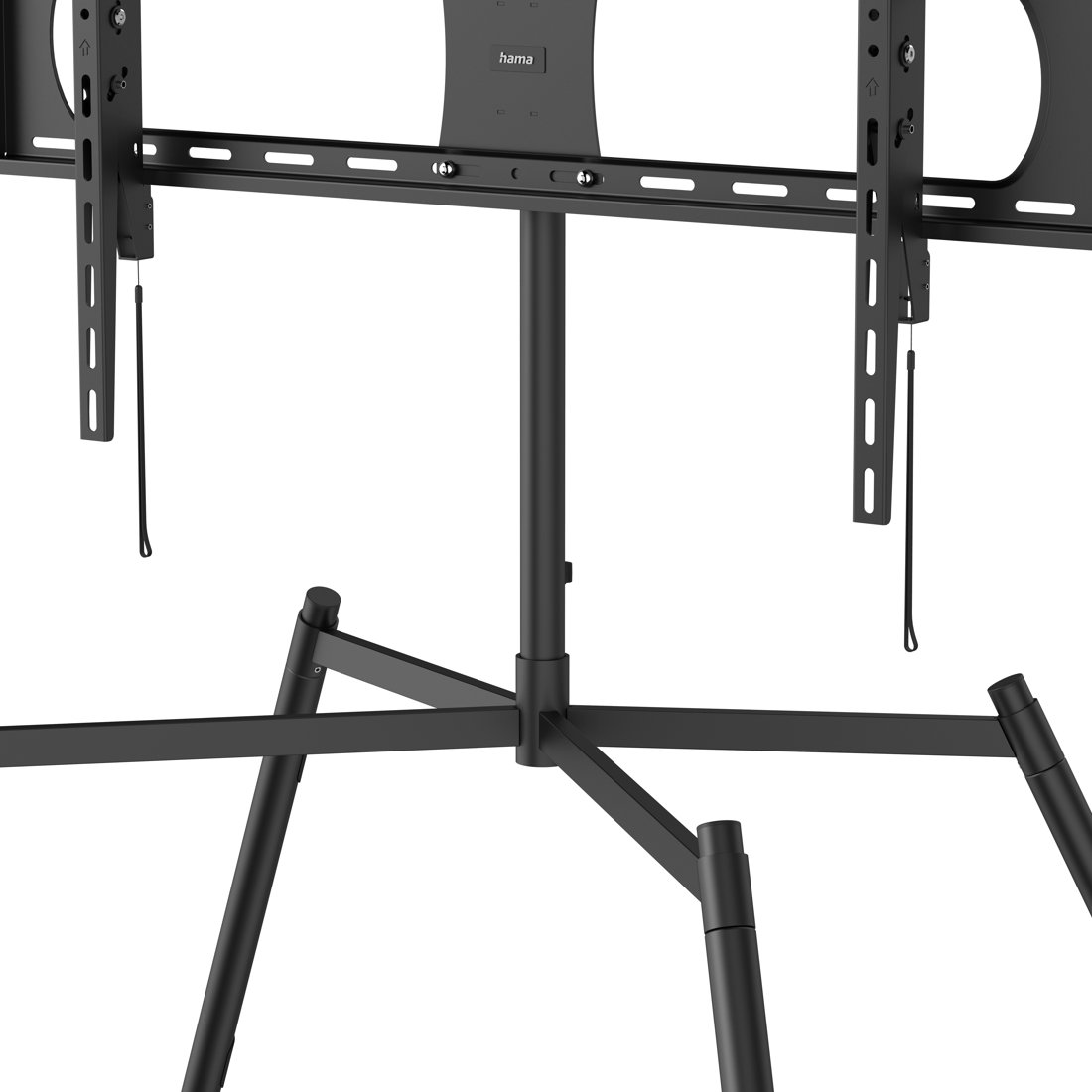 Czarny stojak pod telewizor z regulowanymi ramionami i stabilną podstawą.