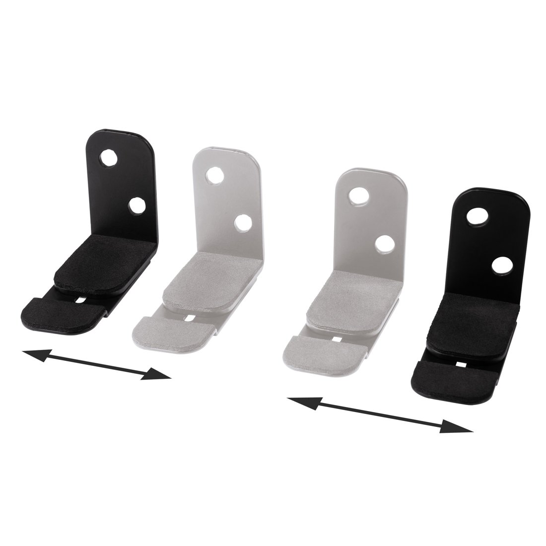 Dwa czarne i dwa srebrne wsporniki ścienne z dwoma otworami.