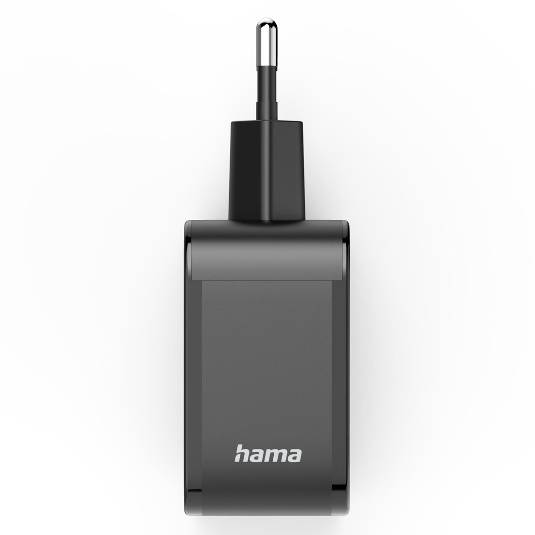Czarna ładowarka Hama ze srebrną wtyczką.