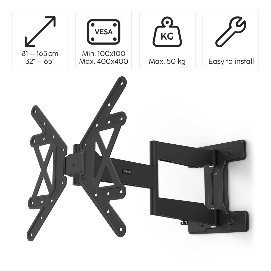 Czarny obrotowy uchwyt TV na ścianę 32-65 cali, do 50 kg.