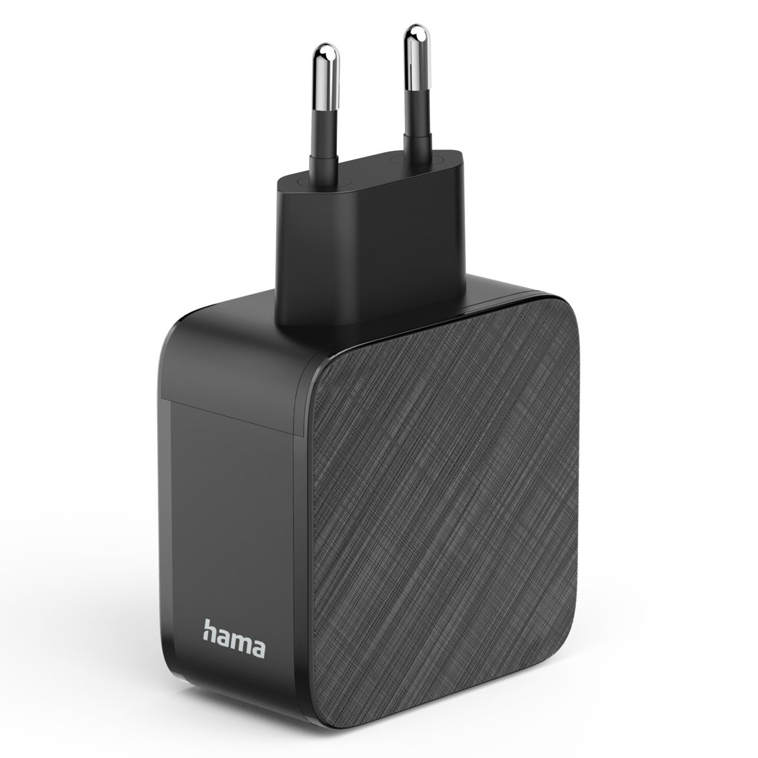 Czarna ładowarka Hama z dwoma srebrnymi bolcami na białym tle.