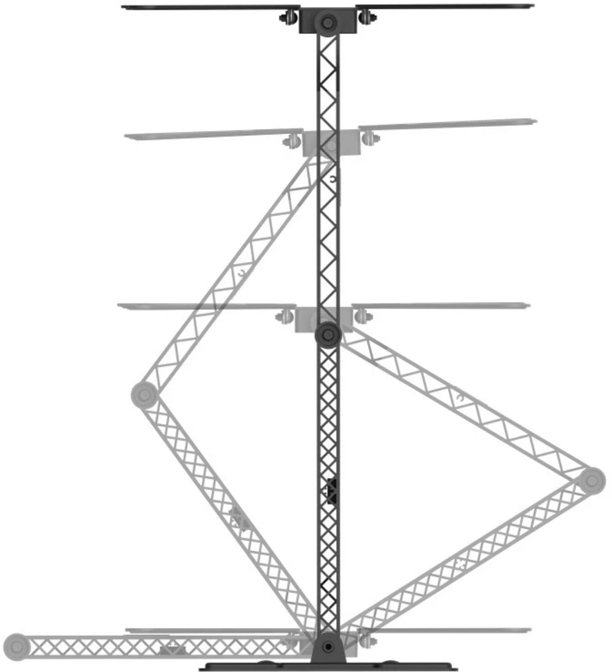 Czarna konstrukcja kratownicowa z wieloma poziomami i wysuwanymi ramionami na podstawie.
