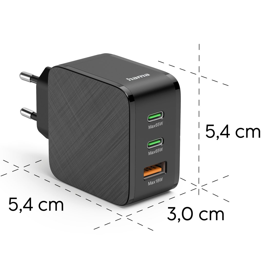 Czarna ładowarka Hama z 3 portami USB i wymiarami.
