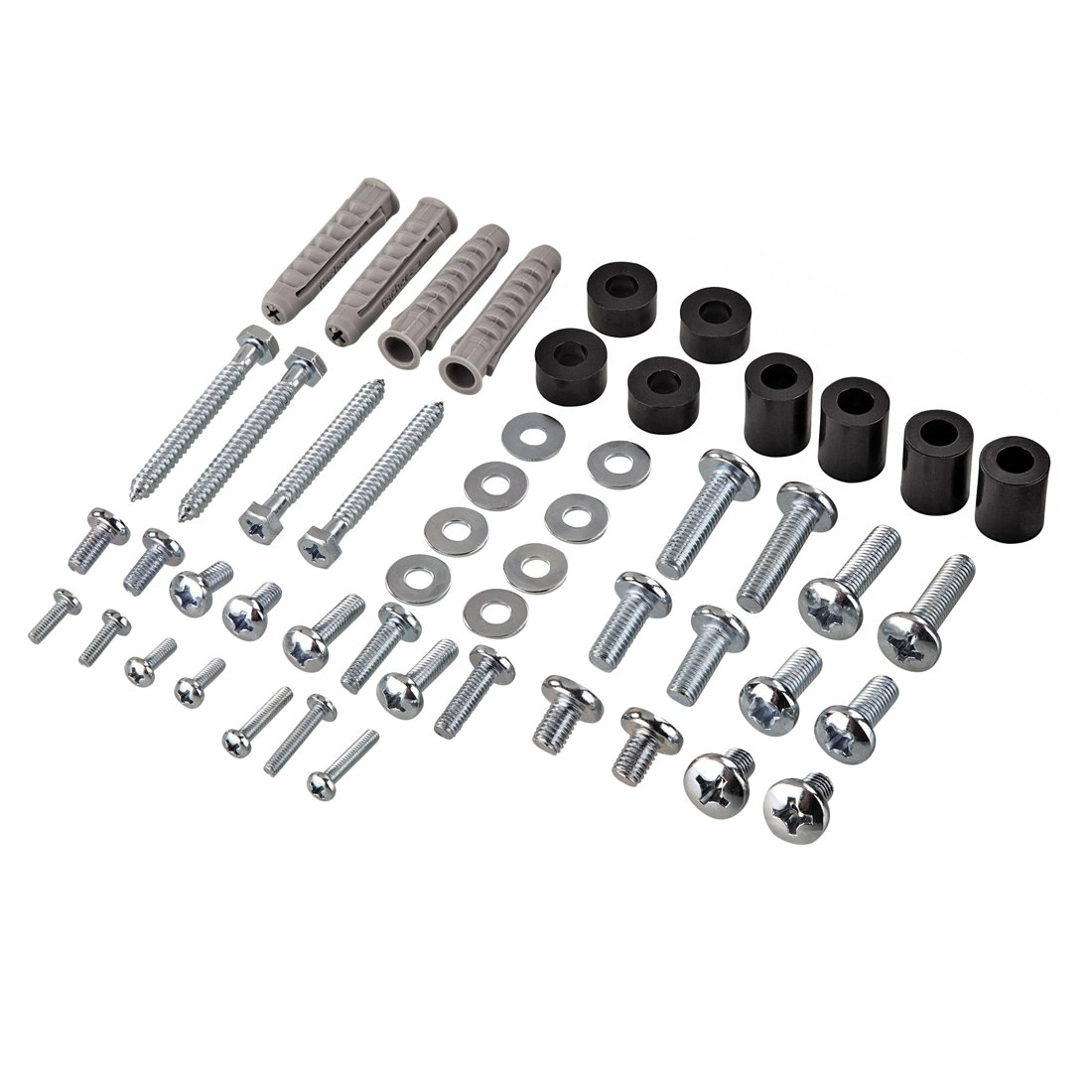 Szare kołki, czarne przekładki, śruby i podkładki na białym tle.