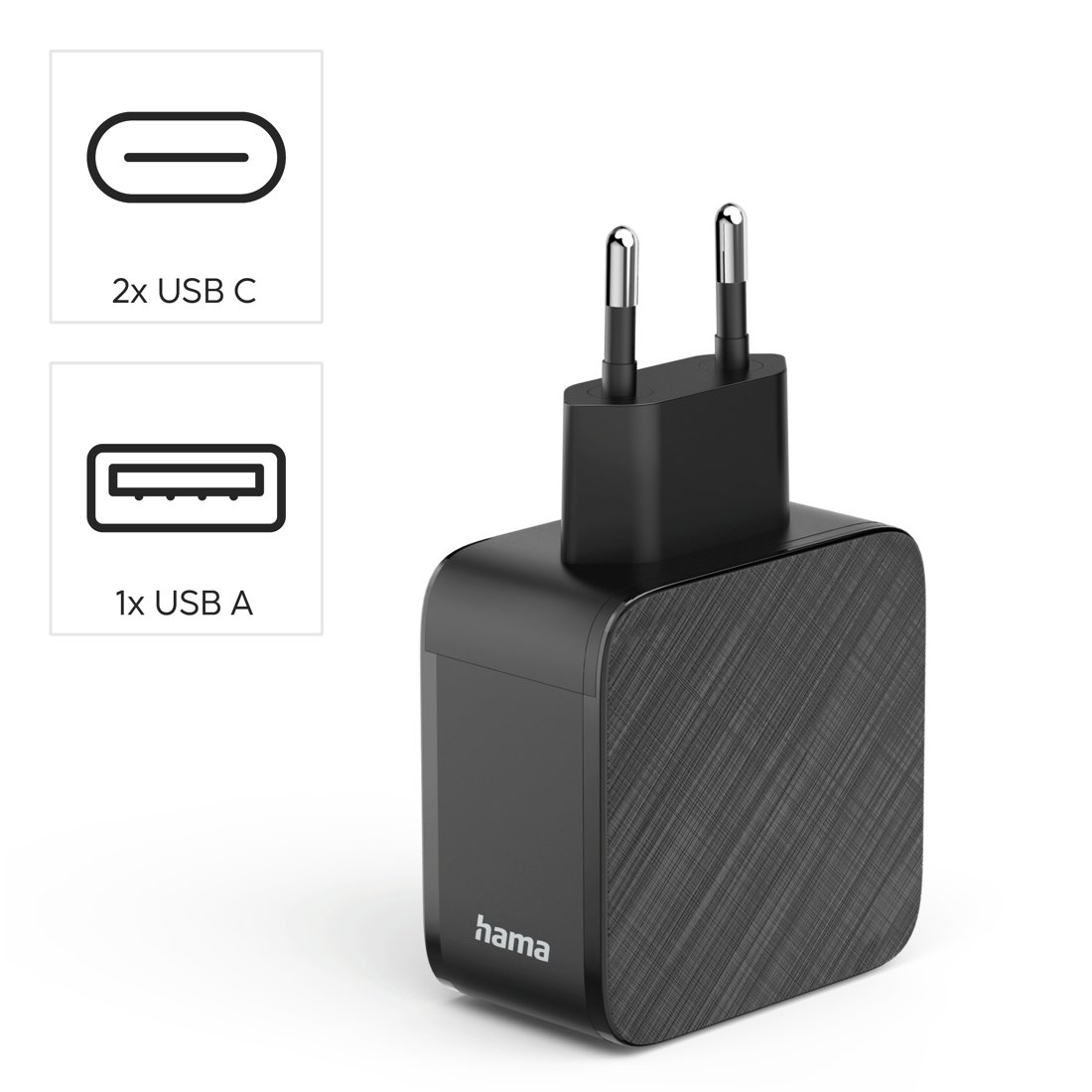 Czarny zasilacz z dwoma portami USB-C i jednym USB-A.