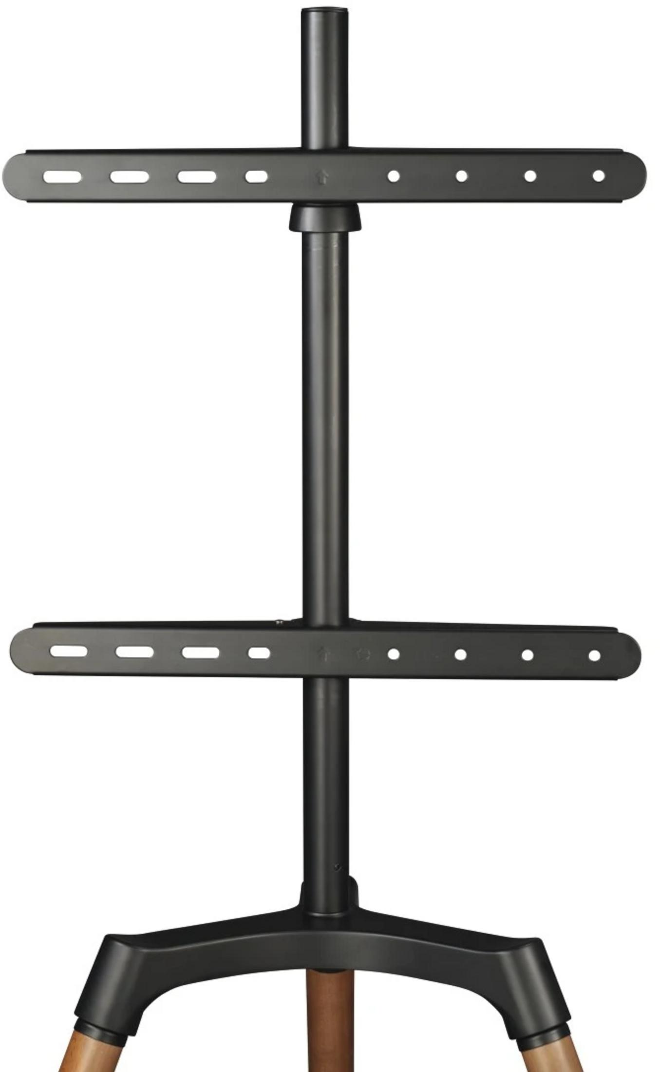 Czarny stojak pod telewizor z dwoma poziomymi ramionami i trójnożną podstawą.