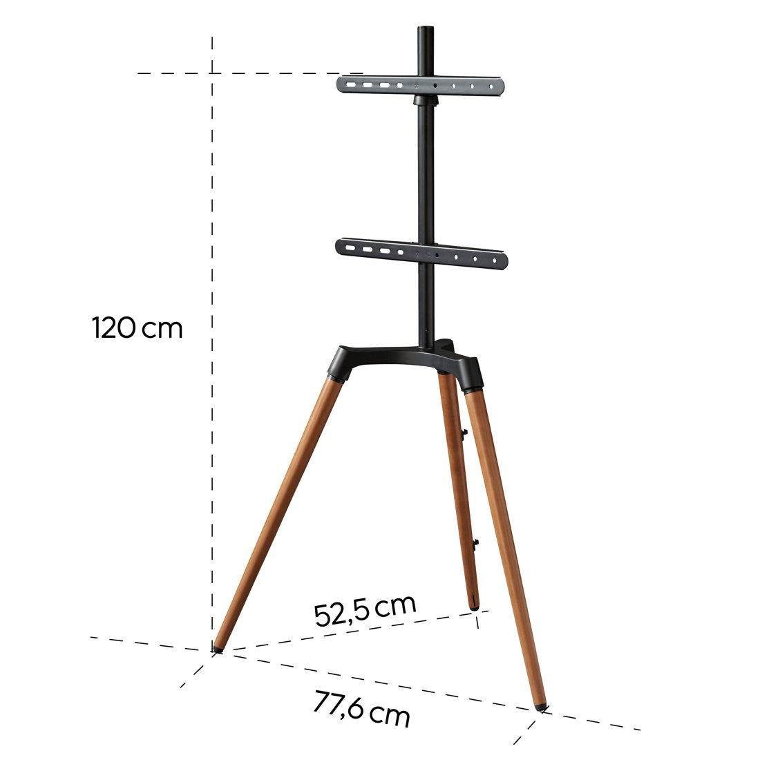 Czarny stojak pod telewizor z trzema drewnianymi nogami i mocowaniami VESA.