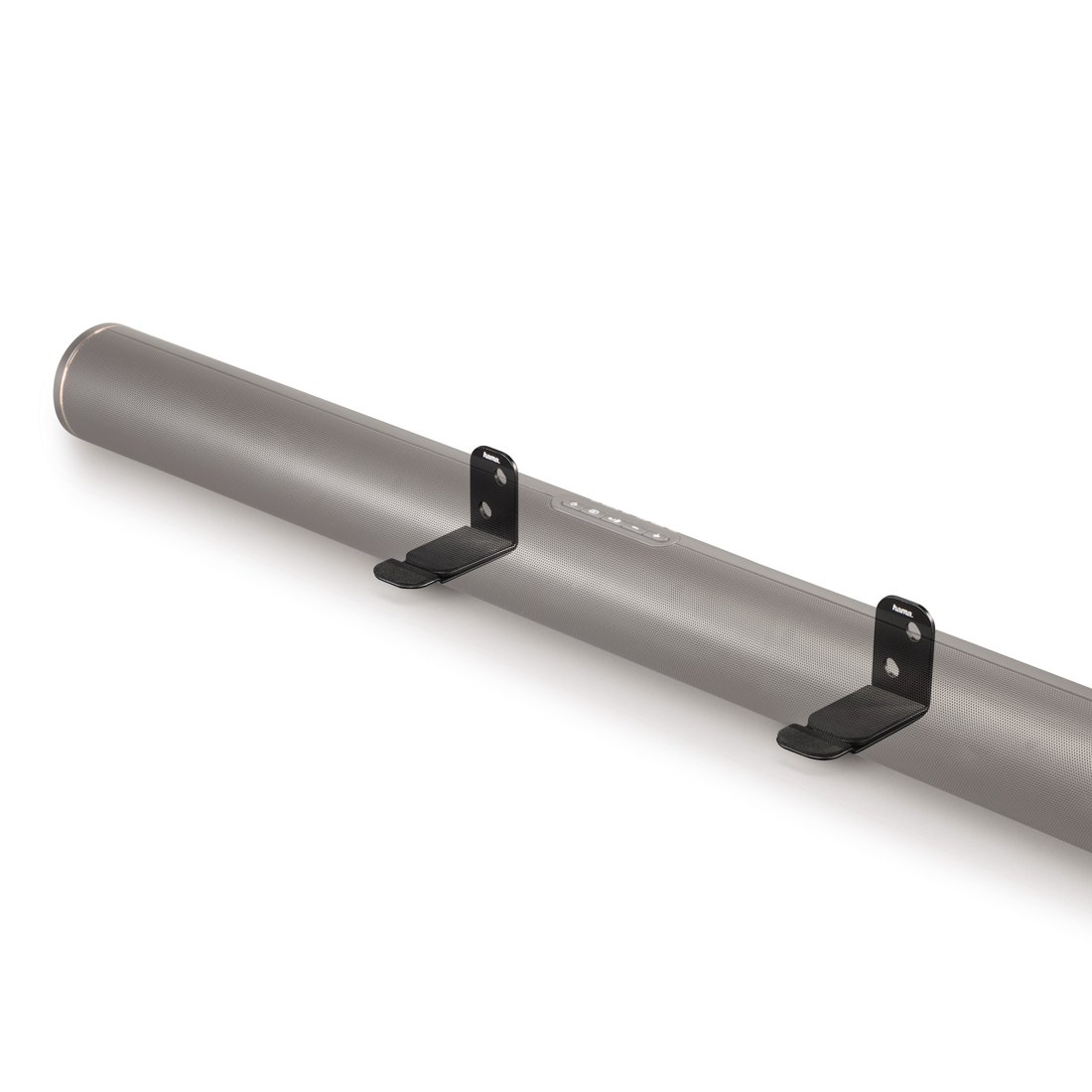 Szara obudowa głośnika z dwoma czarnymi uchwytami ściennymi.