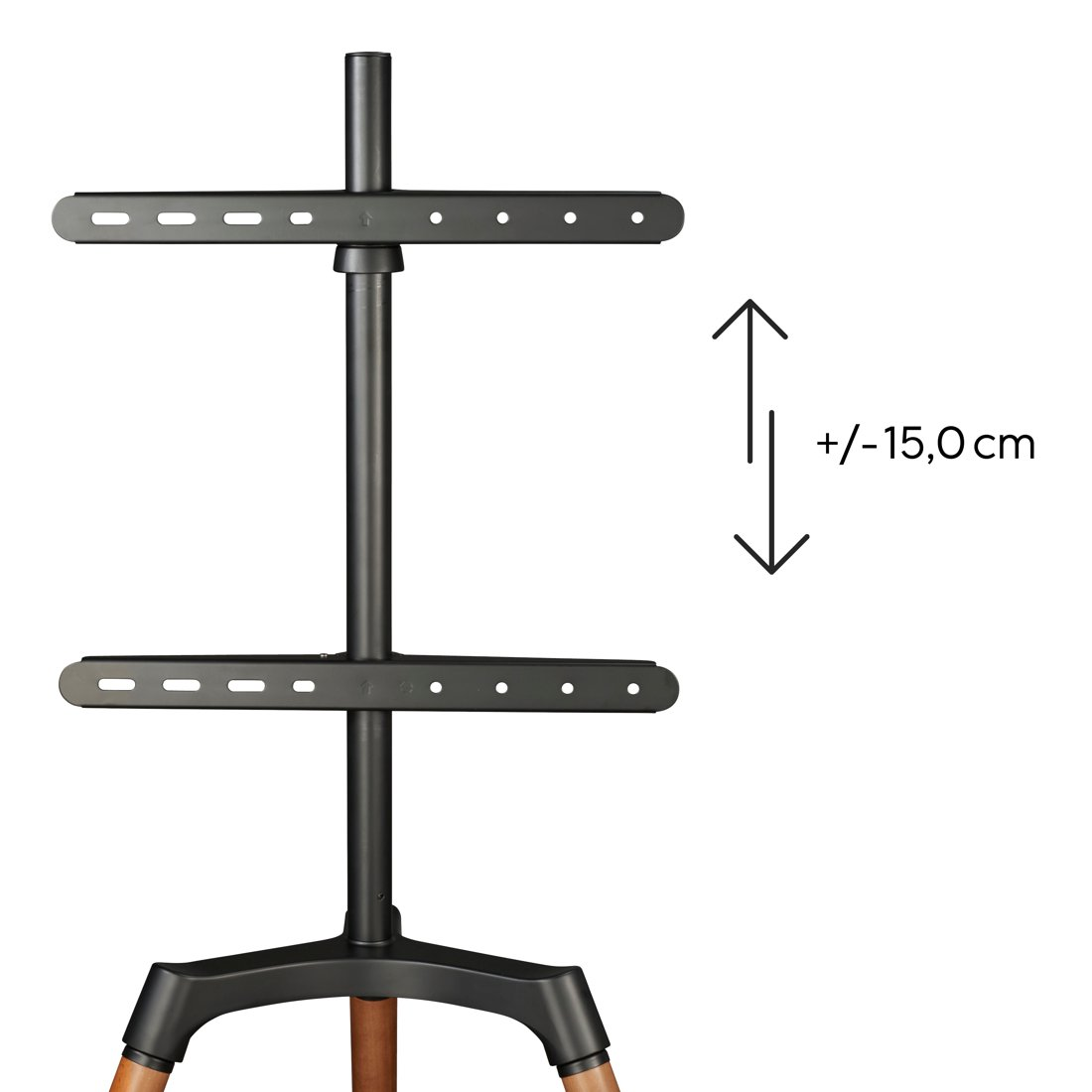 Czarny stojak na monitor z drewnianymi nogami, regulacja wys. +/- 15 cm.