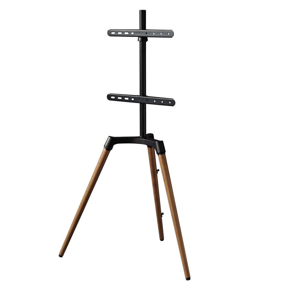 Czarny stojak pod telewizor z trzema drewnianymi nogami.