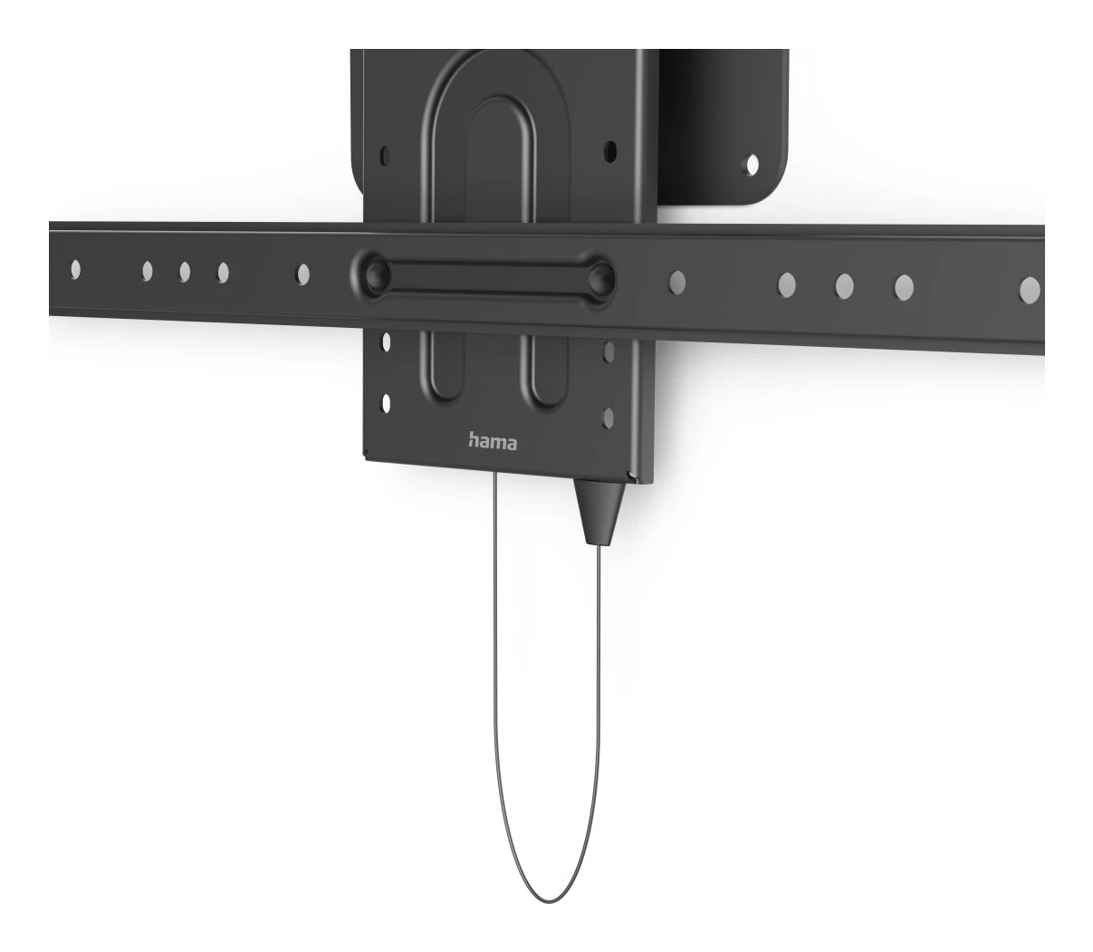 Czarny uchwyt ścienny do TV z zarządzaniem kablami, logo Hama.