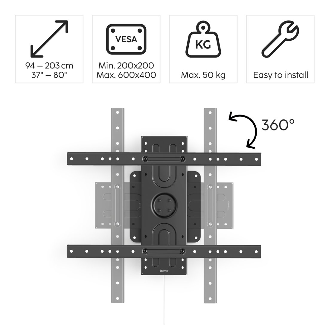 Czarny uchwyt ścienny do TV 37-80 cali, max 50kg, VESA 200x200-600x400.