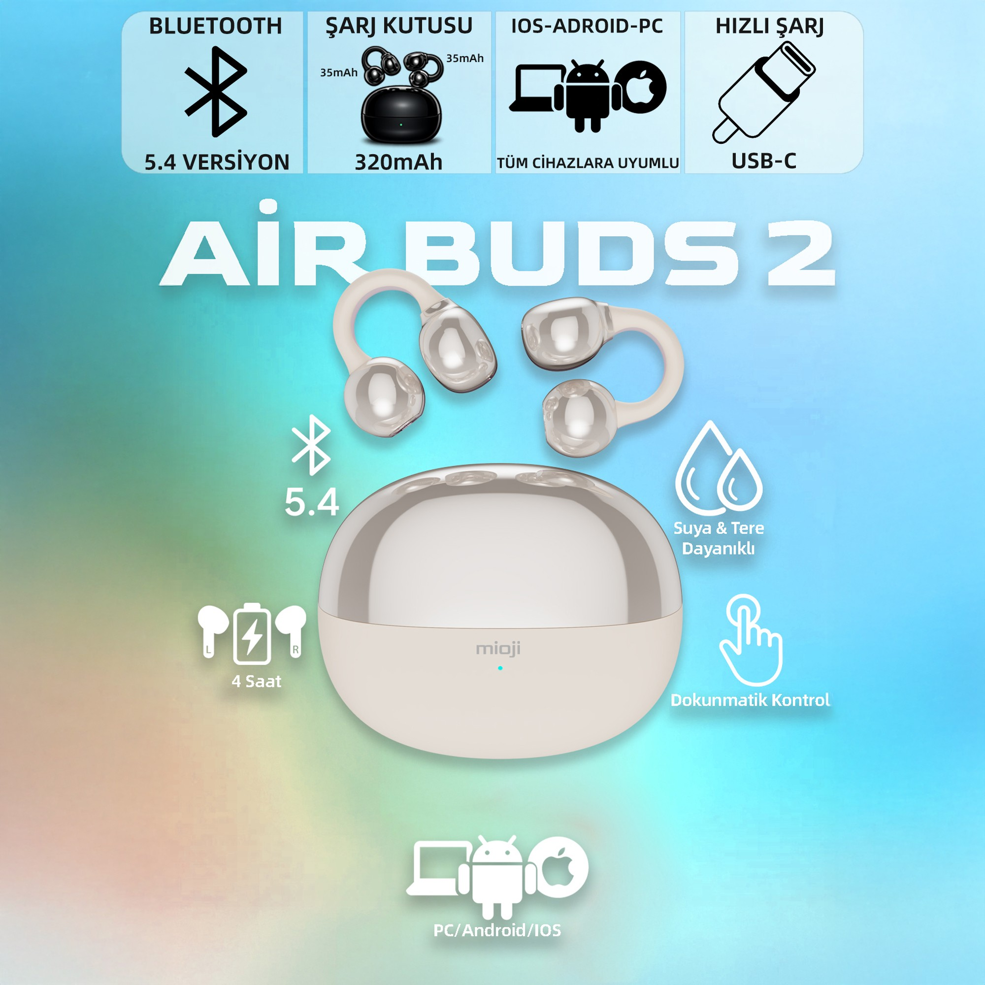 Air Buds 2 şarj kutulu, Bluetooth 5.4, 320mAh, USB-C, suya dayanıklı.