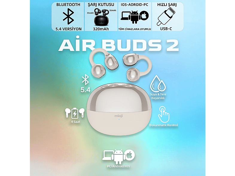 MIOJI Air Buds 2 IOS Android PC Uyumlu Kablosuz Bluetooth Kulaklık Beyaz