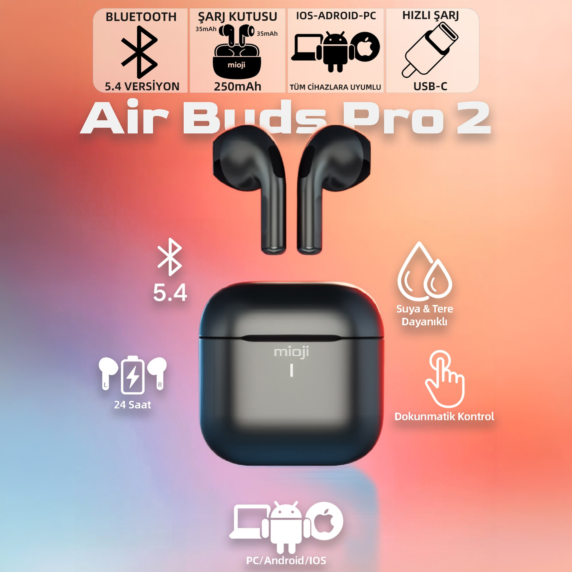 Şarj kutulu siyah kablosuz kulaklık, Bluetooth 5.4, USB-C.