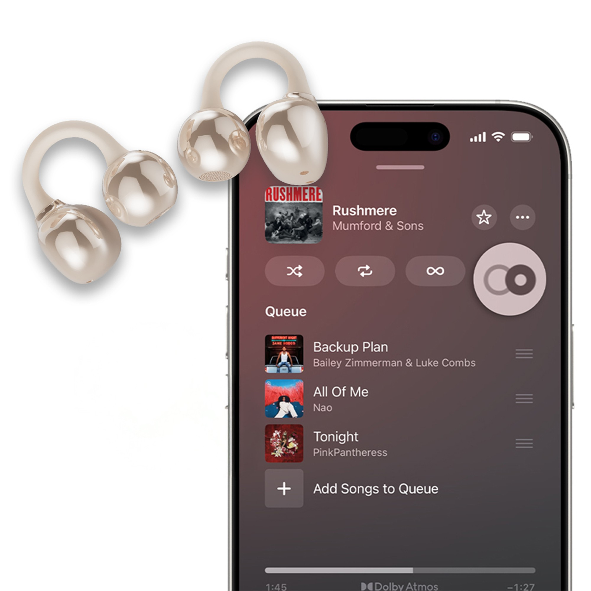 Bir akıllı telefon, kulaklıkla müzik kuyruğunu gösteriyor.