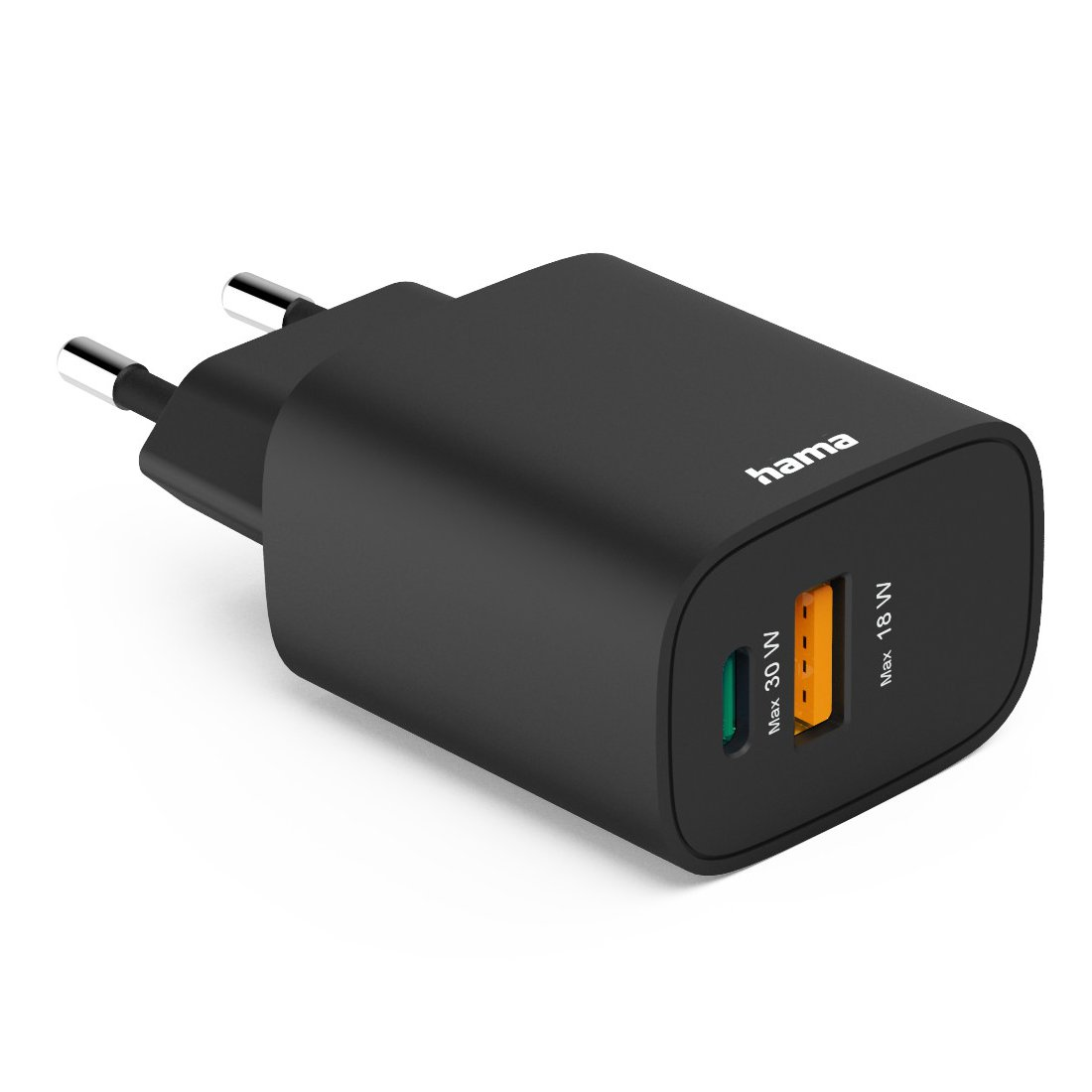 Czarna ładowarka Hama z dwoma portami USB (30W i 18W).