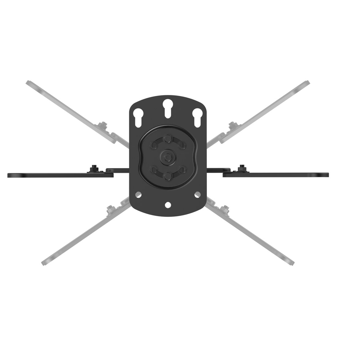 Czarny, regulowany uchwyt sufitowy z rozłożonymi ramionami.