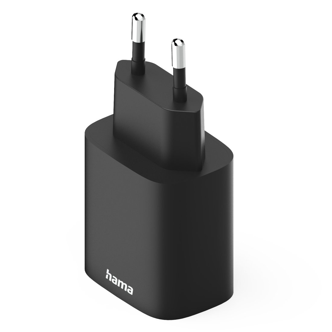 Czarna ładowarka z dwoma srebrnymi bolcami i logo Hama.