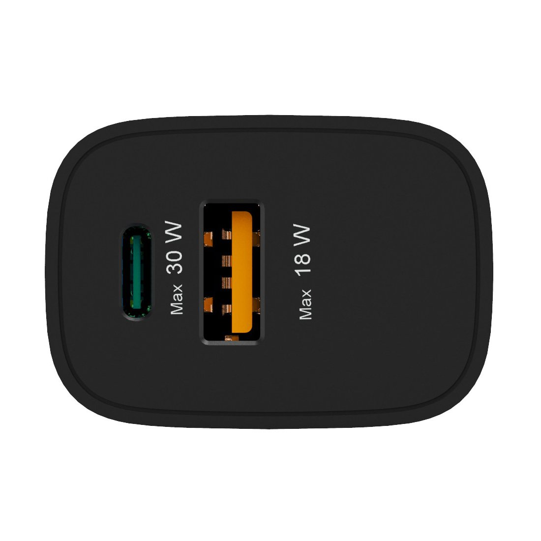 Czarna ładowarka z dwoma portami USB: 30W i 18W.