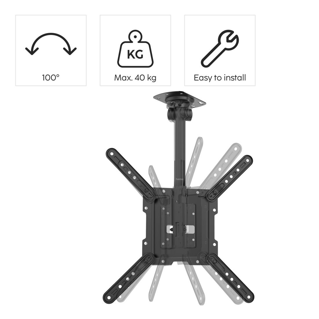 Czarny uchwyt sufitowy TV z regulowanymi ramionami i górnym mocowaniem.