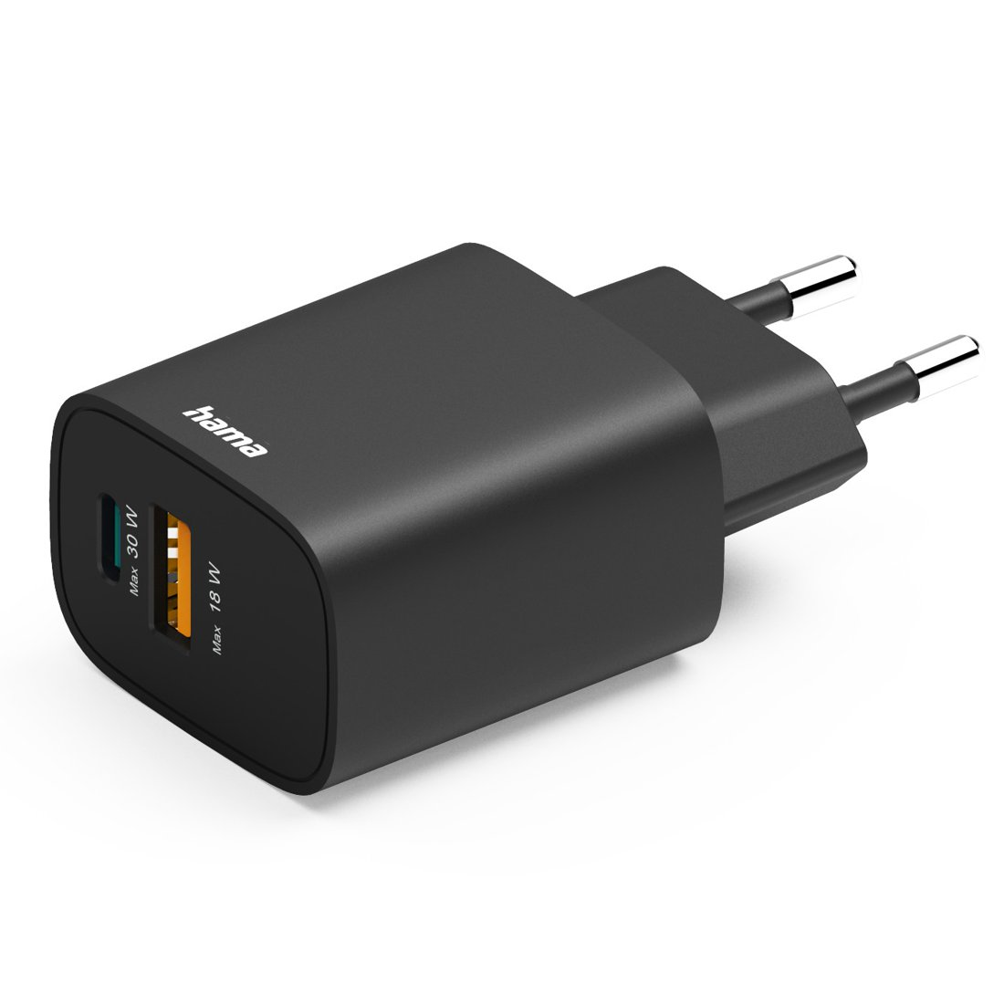 Czarna ładowarka sieciowa Hama z dwoma portami USB, 30W i 18W.