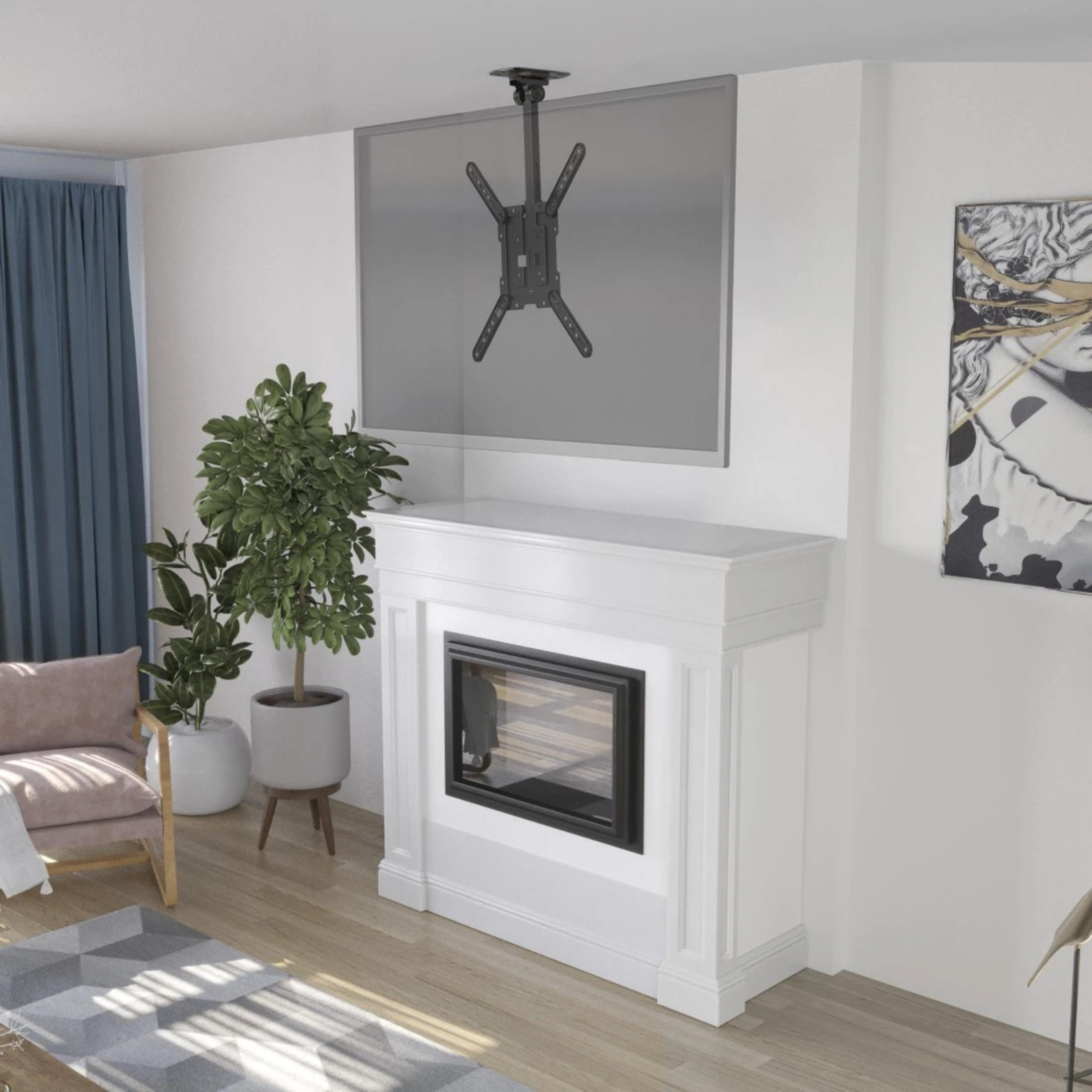 Salon z kominkiem, uchwytem sufitowym i częścią wypoczynkową.