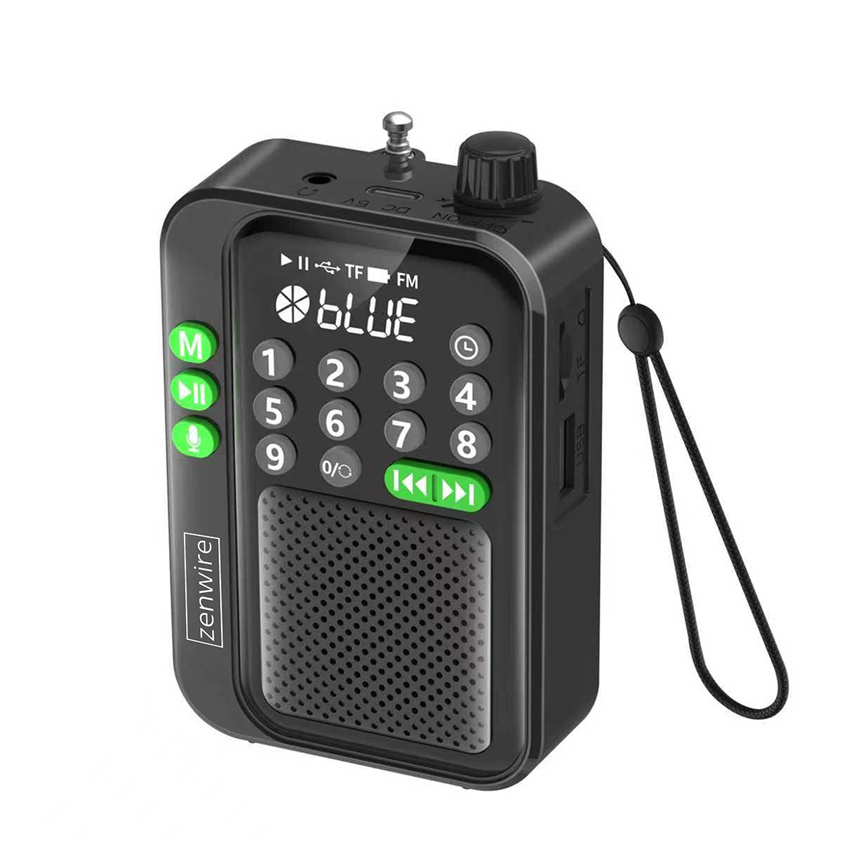 Czarna przenośna radiostacja z klawiaturą, głośnikiem i anteną.