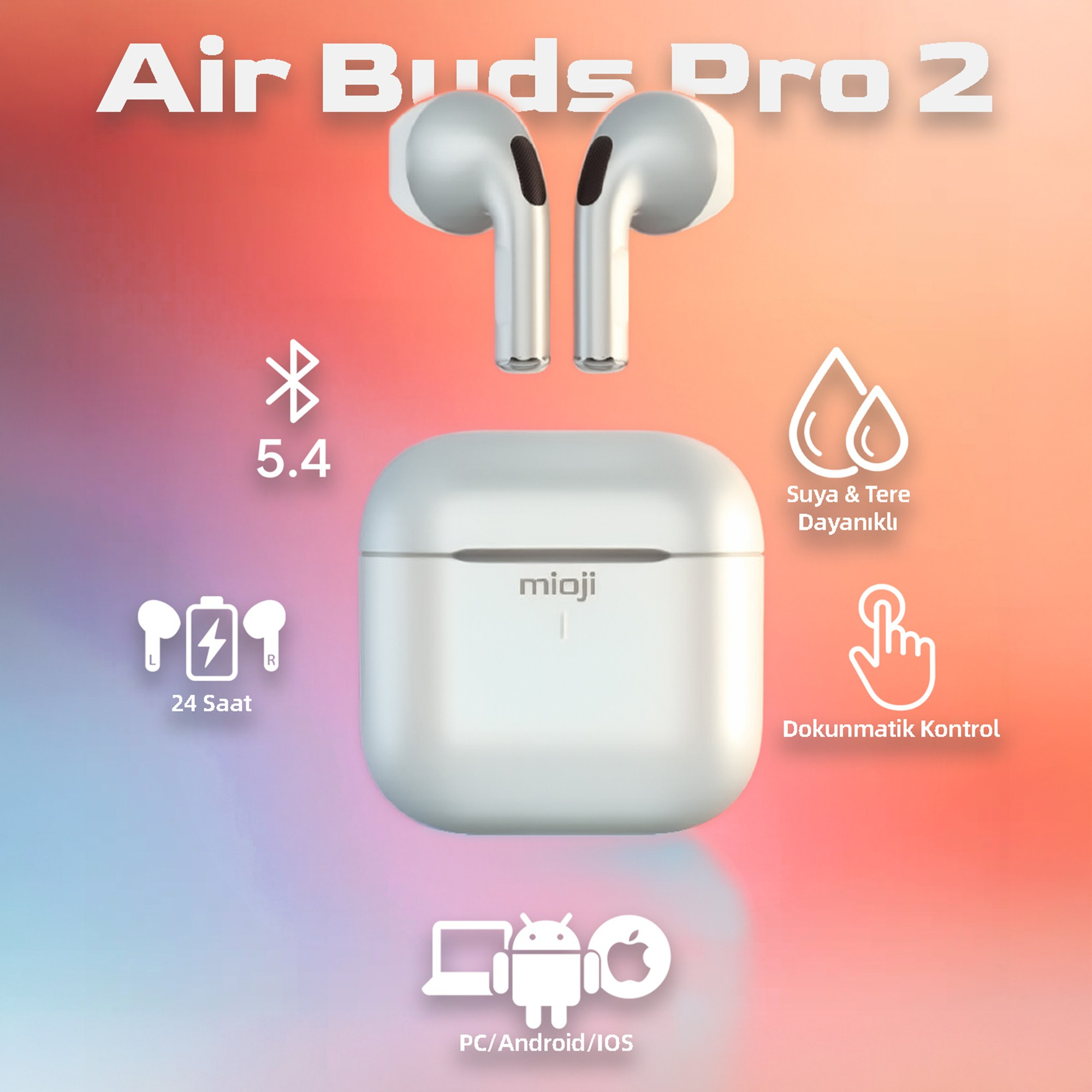 MIOJI Air Buds Pro 2 IOS Android PC Uyumlu Kablosuz Bluetooth Kulaklık Gümüş