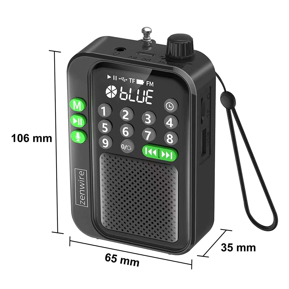 Czarna przenośna radiostacja z klawiaturą i głośnikiem. Wymiary: 106x65x35mm.