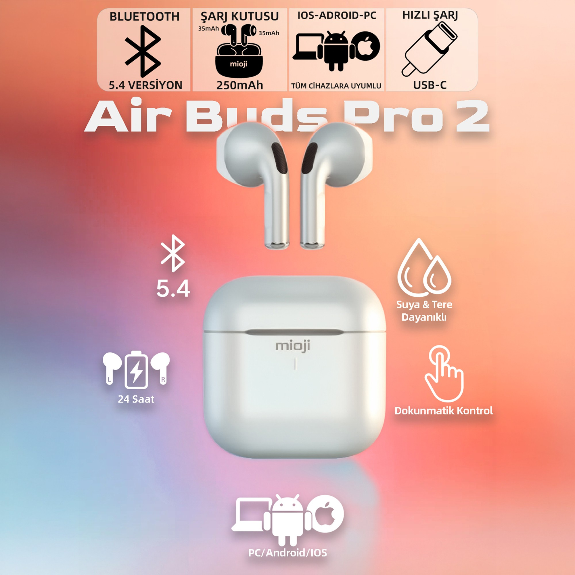 Beyaz "Air Buds Pro 2" şarj kutulu, Bluetooth 5.4, suya dayanıklı, dokunmatik kontrol.