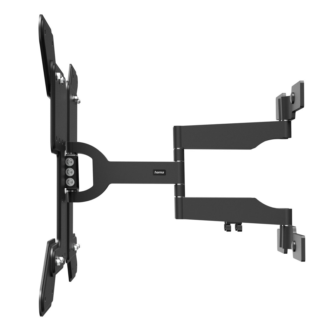 Czarny uchwyt ścienny do telewizora z przegubowymi ramionami i logo Hama.