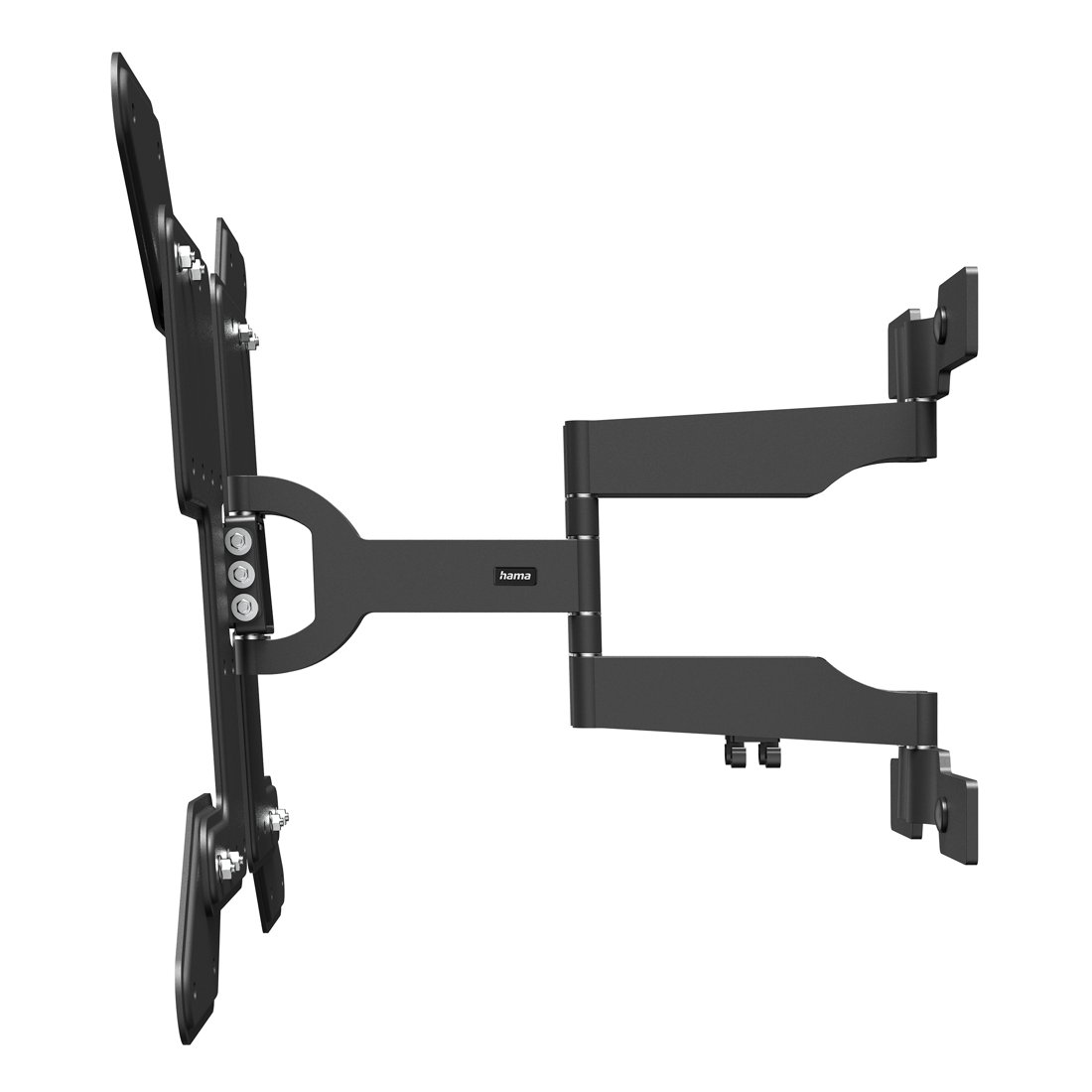 Czarny, przegubowy uchwyt ścienny do telewizora z wieloma złączami.