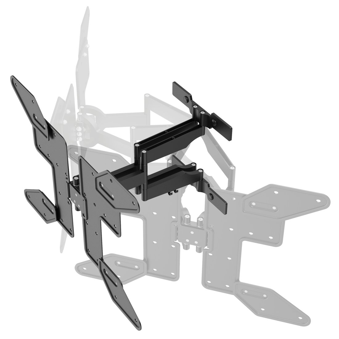 Czarny, regulowany uchwyt TV z wieloma przegubowymi ramionami na białym tle.