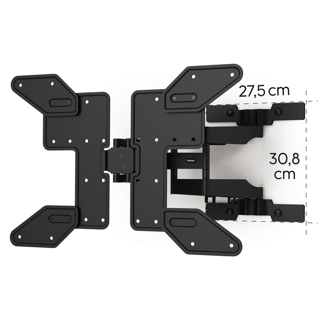 Czarny uchwyt ścienny do TV, rozłożony, z wymiarami 27,5 cm i 30,8 cm.