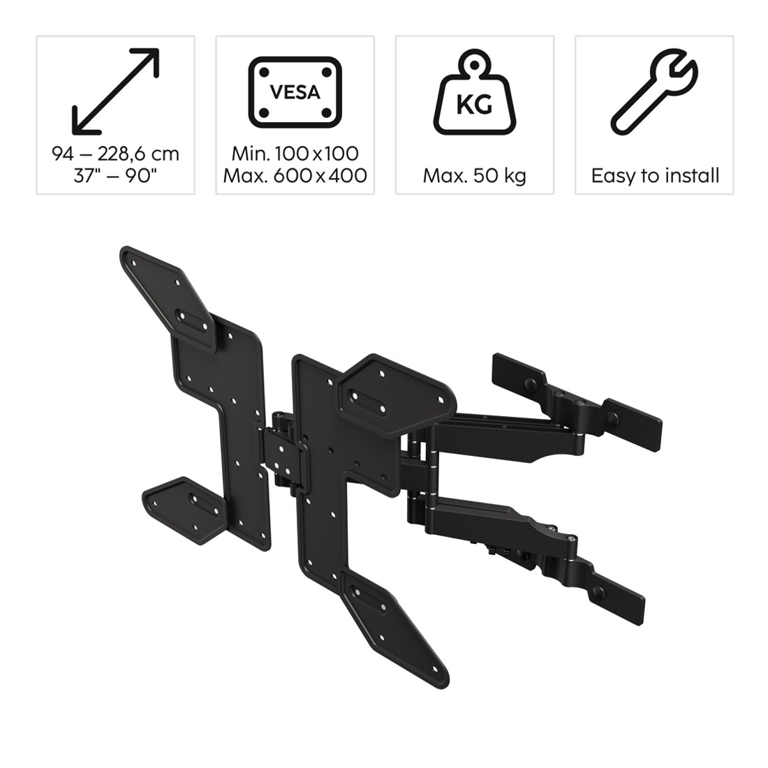 Czarny uchwyt ścienny TV do ekranów 94-228,6 cm, maks. 50 kg.