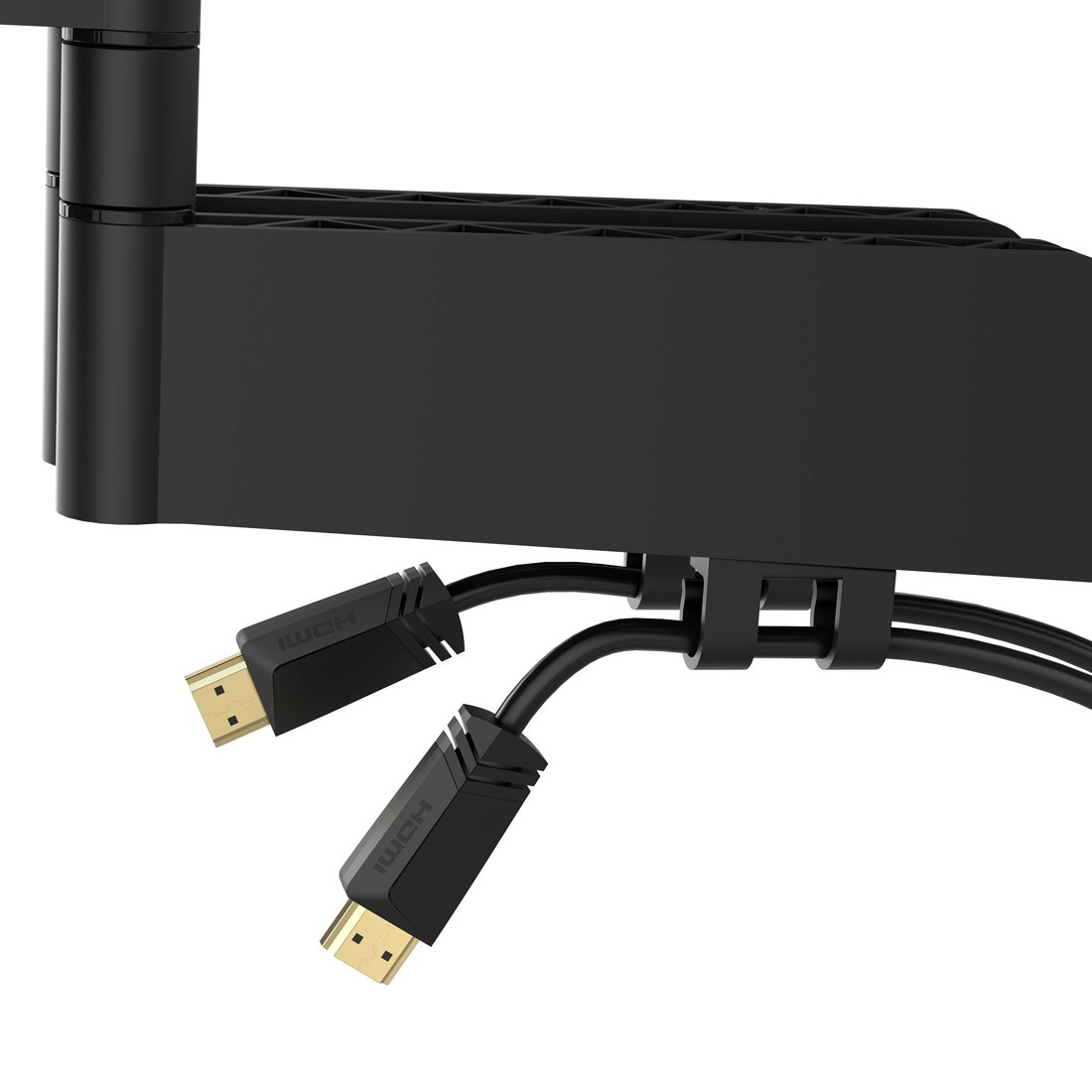 Dwa czarne kable HDMI ze złotymi złączami wychodzące z czarnego uchwytu.